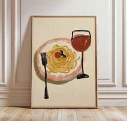 Pasta & Wine Wall Art Print, Whimsical Italian Kitchen Poster, Minimalist Spaghetti Red Illustration, Quirky Foodie Decor - thumbnail 1