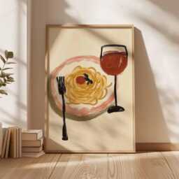 Pasta & Wine Wall Art Print, Whimsical Italian Kitchen Poster, Minimalist Spaghetti Red Illustration, Quirky Foodie Decor - thumbnail 3