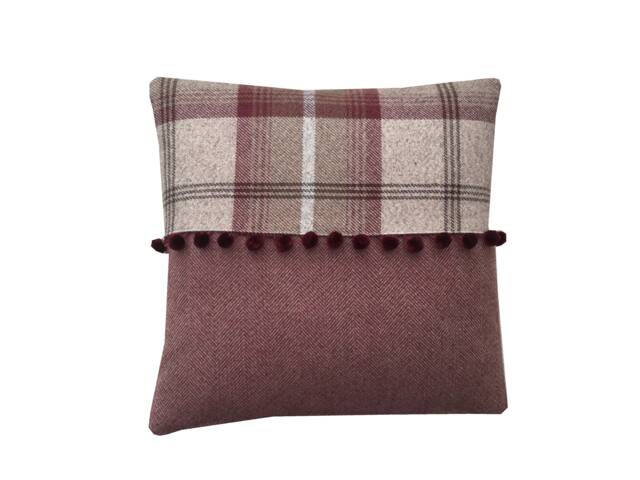 Handmade Balmoral Tartan Plaid Pillow Cover Wool Effect Cushion With Pompoms - image 1