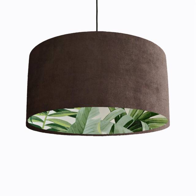 Brown Velvet Drum Lampshade With Lush Green Leaves Lining, Large Tropical Lightshade - image 1