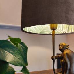 Brown Velvet Drum Lampshade With Lush Green Leaves Lining, Large Tropical Lightshade - thumbnail 2