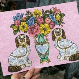 Pink Staffordshire Tattooed Dog Figurine Victorian Chinoiserie & Opal Plant Pot A4 Art Print - thumbnail 2