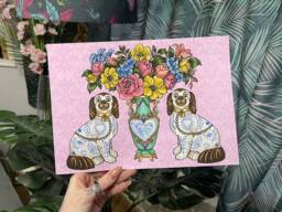 Pink Staffordshire Tattooed Dog Figurine Victorian Chinoiserie & Opal Plant Pot A4 Art Print - thumbnail 1
