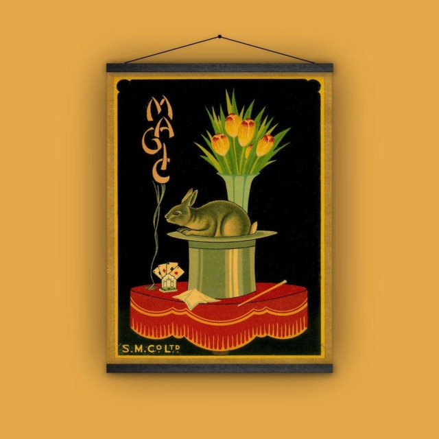 Magic, Travel Label, Tulips, Rabbit, Hat, 1900S, Vintage, Antique, Wall Decor, Hanging, Banner, Magician - image 1