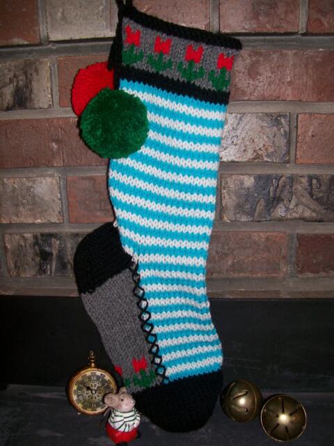 Hand Knit Christmas Stocking Turquoise Blue White Stripe Flower Border Santa's Works - image 1