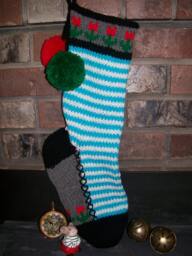 Hand Knit Christmas Stocking Turquoise Blue White Stripe Flower Border Santa's Works - thumbnail 1