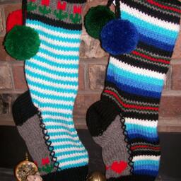 Hand Knit Christmas Stocking Turquoise Blue White Stripe Flower Border Santa's Works - thumbnail 2