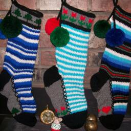 Hand Knit Christmas Stocking Turquoise Blue White Stripe Flower Border Santa's Works - thumbnail 3