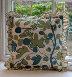 Handprinted Linen Cushion Cover Figs in Green, UK Designer Jessie De Sallis - thumbnail 1