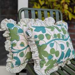 Handprinted Linen Cushion Cover Figs in Green, UK Designer Jessie De Sallis - thumbnail 3