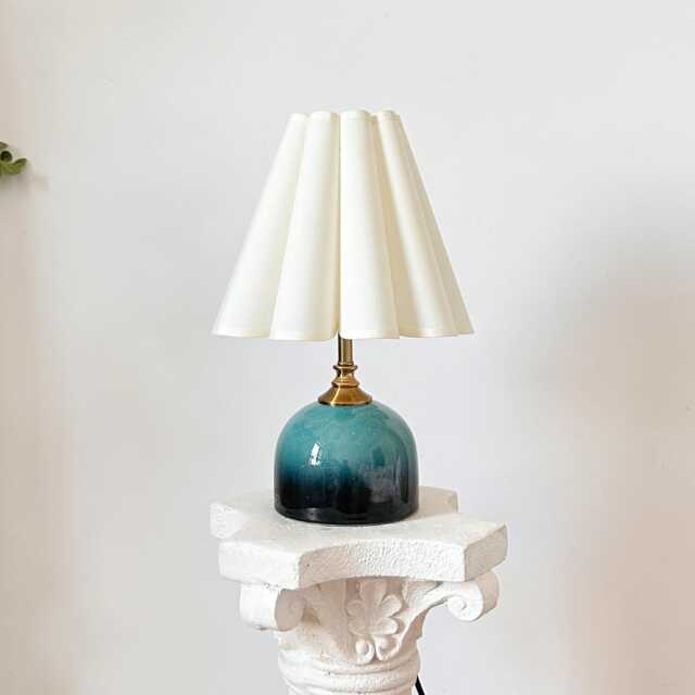 Handmade Green Cyan Glaze Ceramic Tall Table Lamp 110-250V, Scallop Petal Plastic Fabric Cream Shade Bedroom Living Kitchen Retro Cozy Decor - image 1