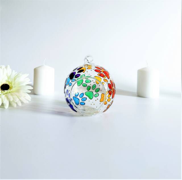 Rainbow Paws Glass Candle Holder, Hand Painted, Unique Pet Gift - image 1