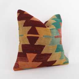 Bohemian Kilim Pillow Cover 16'' Vintage Turkish Rug Throw - thumbnail 3