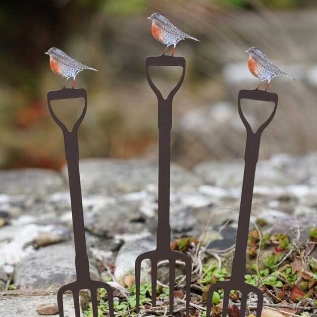 Set Of 3 Mini Robin On Fork Metal Garden Stake Bundle Outdoor Statue Robins Flower Pot Stick - British Bird Watcher Gardening Large Gift - image 1
