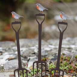 Set Of 3 Mini Robin On Fork Metal Garden Stake Bundle Outdoor Statue Robins Flower Pot Stick - British Bird Watcher Gardening Large Gift