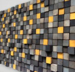 Large Wood Wall Art - Grey Yellow Decor Wooden Headbord - thumbnail 1