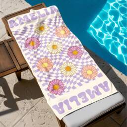 Custom Daisy Grid Name Beach Towel, Personalized Monogram Pool Signature Towel For Kids, Vacation Gift, Picnic - thumbnail 1