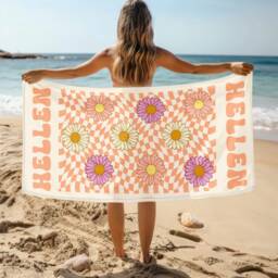 Custom Daisy Grid Name Beach Towel, Personalized Monogram Pool Signature Towel For Kids, Vacation Gift, Picnic - thumbnail 2