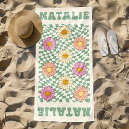 Custom Daisy Grid Name Beach Towel, Personalized Monogram Pool Signature Towel For Kids, Vacation Gift, Picnic - thumbnail 3