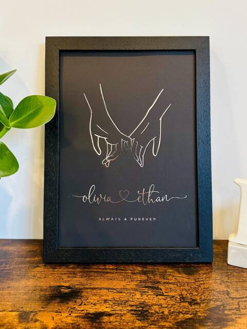 Holding Hands - Custom Couple Foil Print Personalised Names Gold, Silver Wedding, Birthday, Anniversary, Christmas, Valentine's Day - image 1