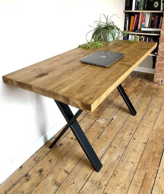 Wooden Desk - Industrial Computer Home Office X Legs Reclaimed Solid Wood Chunky Handmade Work From