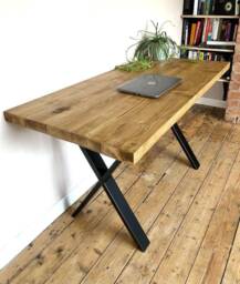 Wooden Desk - Industrial Computer Home Office X Legs Reclaimed Solid Wood Chunky Handmade Work From - thumbnail 1