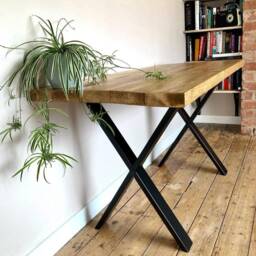 Wooden Desk - Industrial Computer Home Office X Legs Reclaimed Solid Wood Chunky Handmade Work From - thumbnail 2