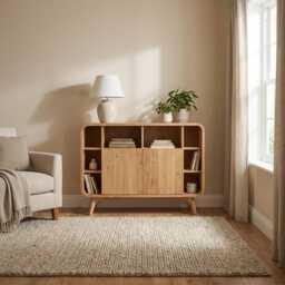 Natural Oak Console With Black Fronts & Shelving, High Dresser Fronts, Book Stand Vinyl Record Storage Media Furniture