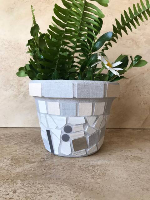Glass & Tile Mosaic Flower Pot, Gray-White Outdoor Patio Indoor Rustic Kitchen Herb Planter, Terracotta, Handmade Planter - image 1