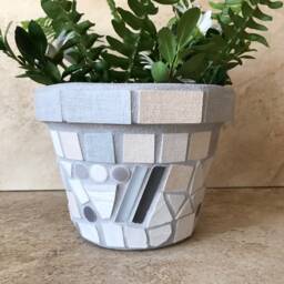 Glass & Tile Mosaic Flower Pot, Gray-White Outdoor Patio Indoor Rustic Kitchen Herb Planter, Terracotta, Handmade Planter - thumbnail 3