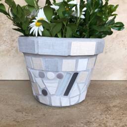 Glass & Tile Mosaic Flower Pot, Gray-White Outdoor Patio Indoor Rustic Kitchen Herb Planter, Terracotta, Handmade Planter - thumbnail 2
