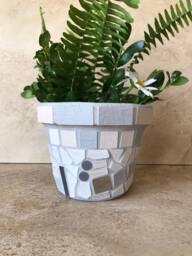 Glass & Tile Mosaic Flower Pot, Gray-White Outdoor Patio Indoor Rustic Kitchen Herb Planter, Terracotta, Handmade Planter