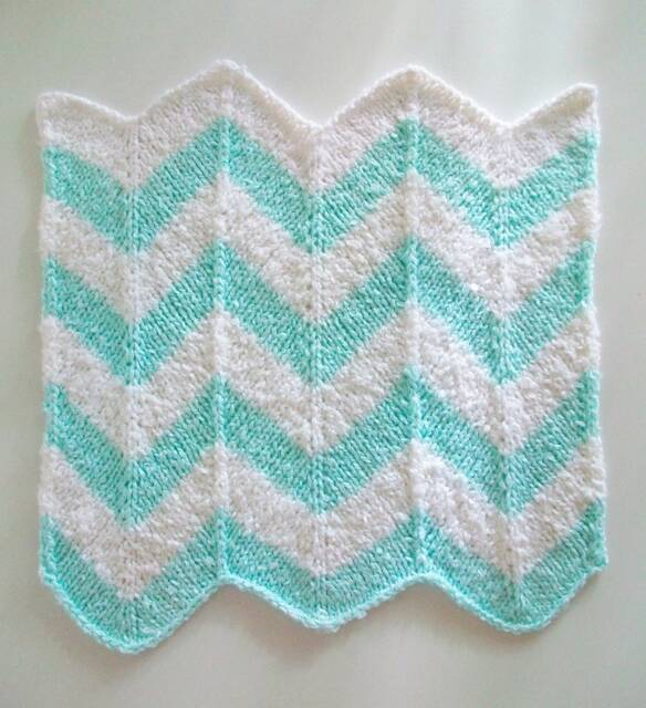 Handmade Knit Mini Blanket Mint Green Chevron Stripe, Fluffy Texture - image 1