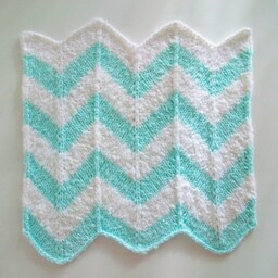 Handmade Knit Mini Blanket Mint Green Chevron Stripe, Fluffy Texture - thumbnail 3