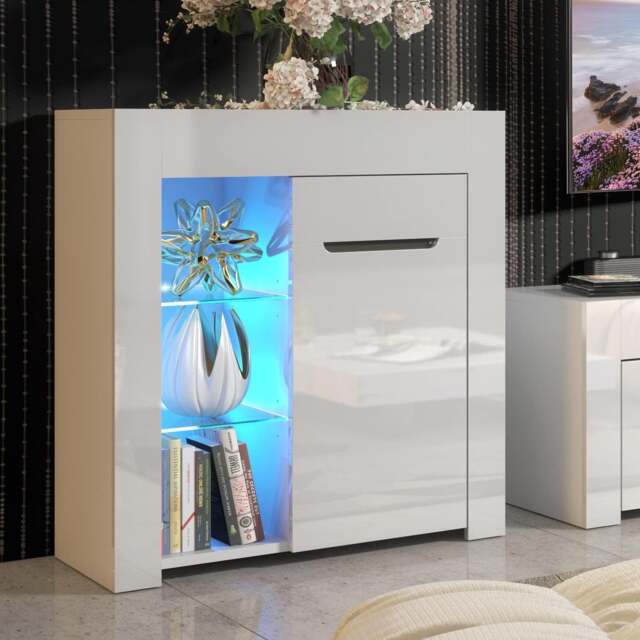 Furneo Matt & High Gloss White Cabinet Cupboard Sideboard Unit Milano 10 Led Lights - image 1