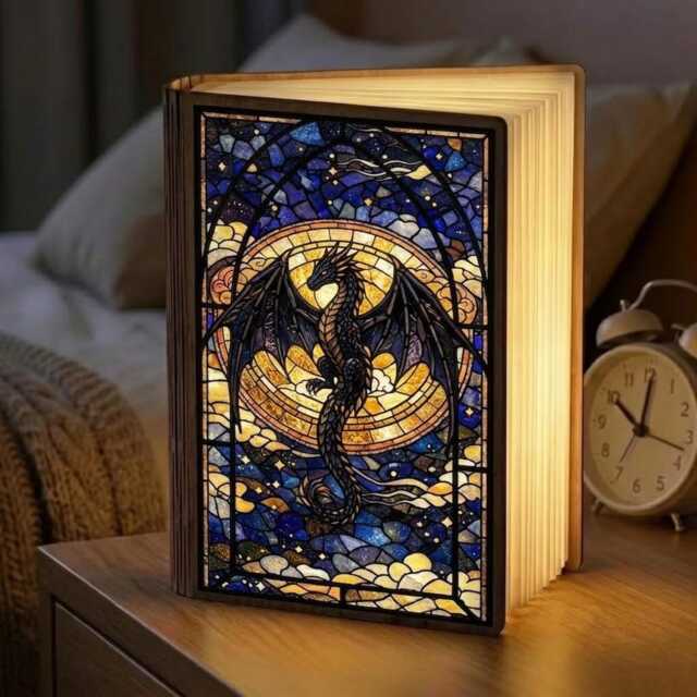 Stained Glass Style Dragon Book Lamp, Fourth Wing Decor, Rider Gift, Fantasy Reading Light, Basgiath War College, Bookish Lamp - image 1