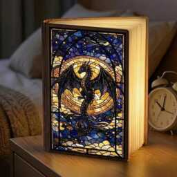 Stained Glass Style Dragon Book Lamp, Fourth Wing Decor, Rider Gift, Fantasy Reading Light, Basgiath War College, Bookish Lamp - thumbnail 1