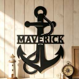 Custom Anchor Metal Wall Sign, Personalized Name Nautical Rope Iron Hanging, Coastal Lake House Boat Decor, Sailor Lover Gift - thumbnail 1