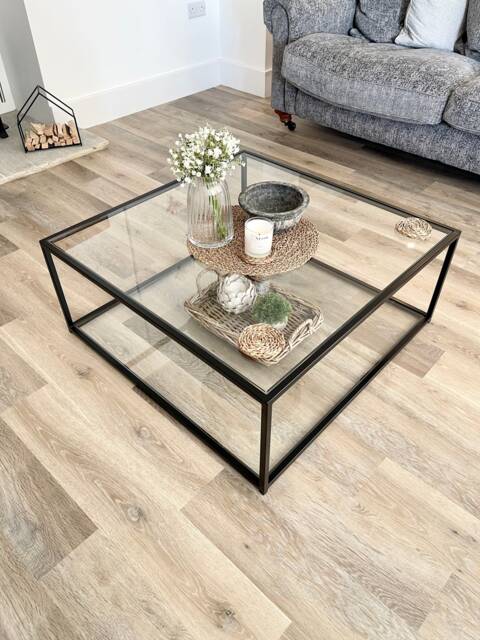 Mila Square Metal Glass Coffee Table With Shelf - Black - image 1