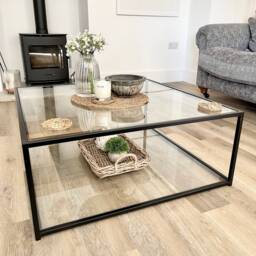 Mila Square Metal Glass Coffee Table With Shelf - Black - thumbnail 3