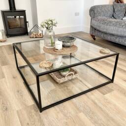 Mila Square Metal Glass Coffee Table With Shelf - Black - thumbnail 2