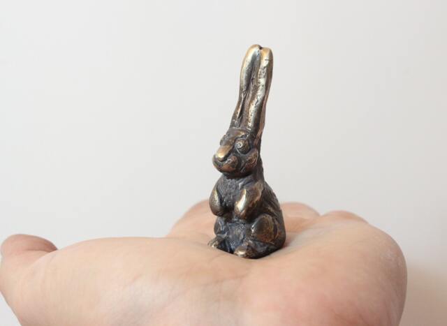 Solid Bronze Hare Sculpture Miniature Bunny Figurine - image 1