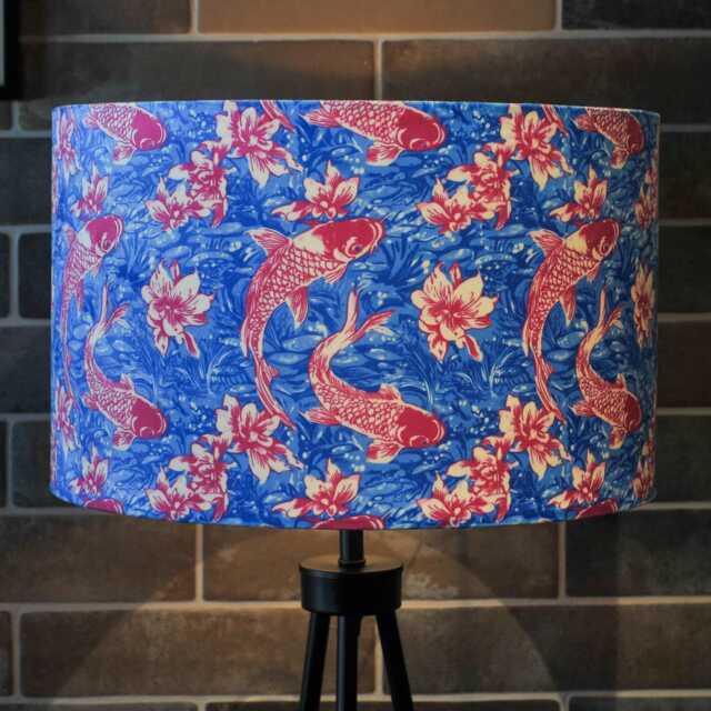 Koi Carp Fish Velvet Lampshade - Blue Pink 25cm 30cm 35cm 40cm 45cm Drum Lamp Shade Ceiling Japanese, Fish, Oriental Decor - image 1