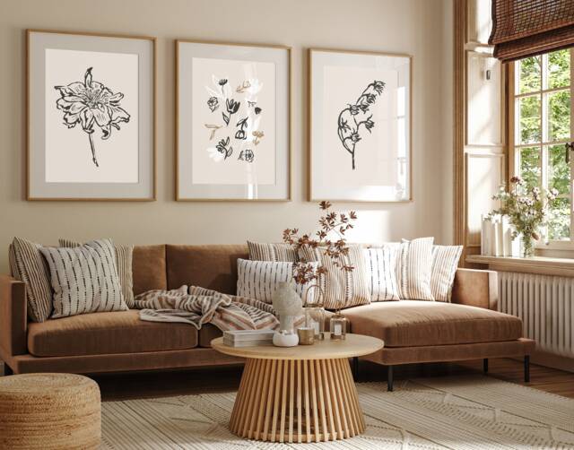 Neutral Wall Prints, Botanical Bedroom Line Art, Beige Home Decor, Hand Drawn Plants, Set Of 3 Prints A2 - image 1