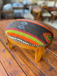 Handmade Kilim Ottoman Stool, Vintage Beech Wood Footrest - thumbnail 1