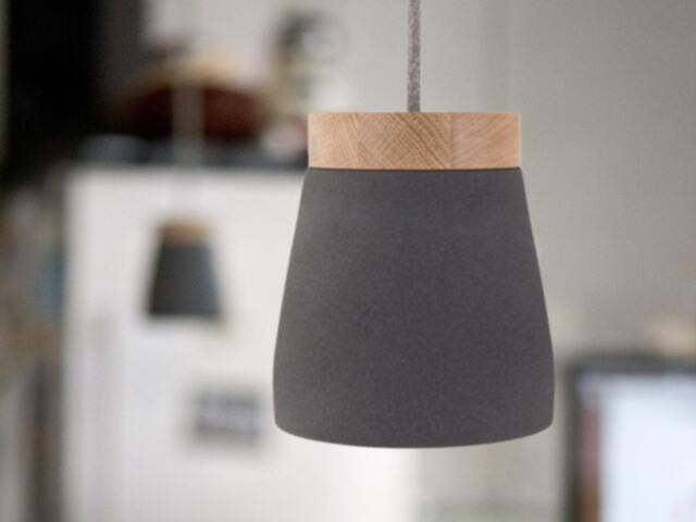 No. 03 - Ceramic Hanging Lamp Anthracite Gray Pendant Textile Cable Oak Wood Led Dining Table Counter Work Matt - image 1