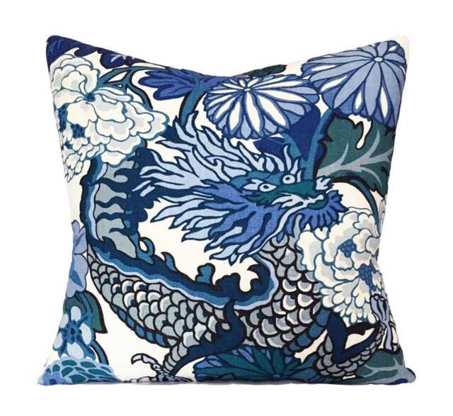 Schumacher Chiang Mai Dragon Pillow Cover Blue Linen Throw - image 1