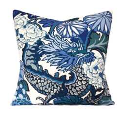 Schumacher Chiang Mai Dragon Pillow Cover Blue Linen Throw - thumbnail 1