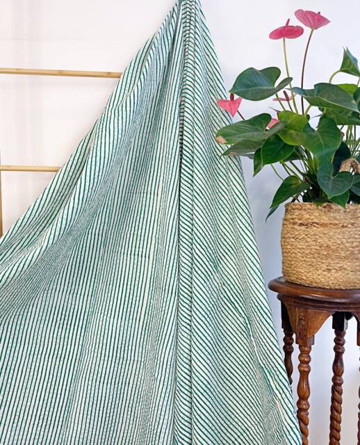 Kantha Stitch Pure Cotton Reversible Bed/Sofa Throw King Size - Geometric Hand-Print Dohar Artisanal Indian Blankets Green White Stripes - image 1