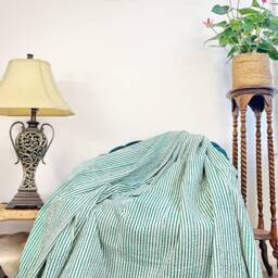 Kantha Stitch Pure Cotton Reversible Bed/Sofa Throw King Size - Geometric Hand-Print Dohar Artisanal Indian Blankets Green White Stripes - thumbnail 2